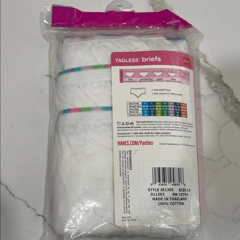 Hanes Girls' Multicolor Trim White Briefs - 3 Pack - Picture 2 of 2